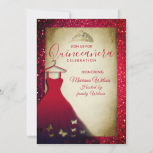 Red adorable butterflies dress tiara Quinceañera Invitation