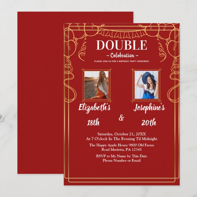 Red Adult Joint Birthday Party  2 Photo Invitation (Front/Back)