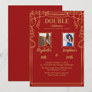 Red Adult Joint Birthday Party  2 Photo Invitation