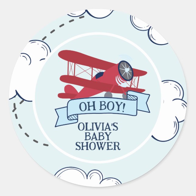Red Aeroplane Baby Shower Classic Round Sticker (Front)
