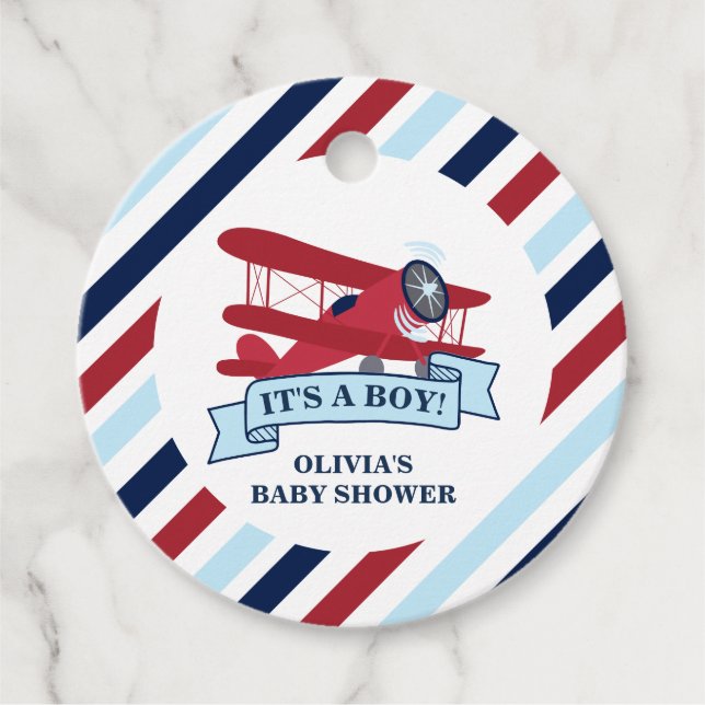 Red Aeroplane Baby Shower Favour Tags (Front)