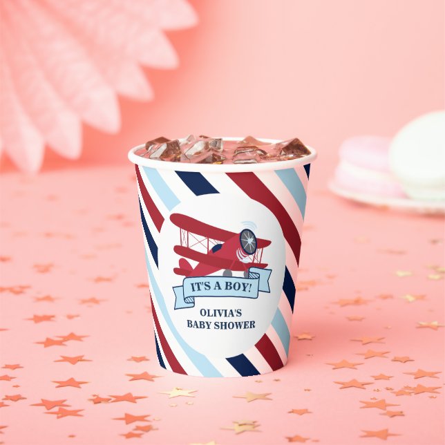 Red Aeroplane Baby Shower Paper Cups (Insitu)
