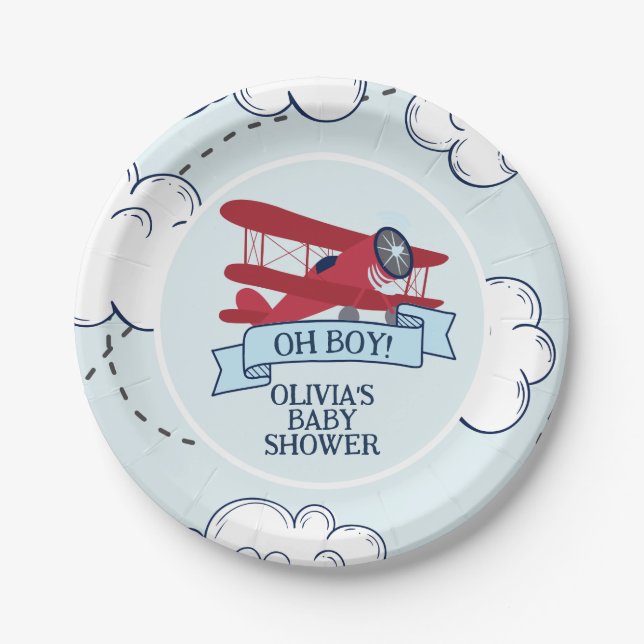 Red Aeroplane Baby Shower Paper Plate (Front)