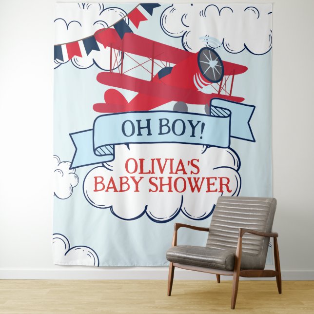 Red Aeroplane Baby Shower Tapestry (In Situ)