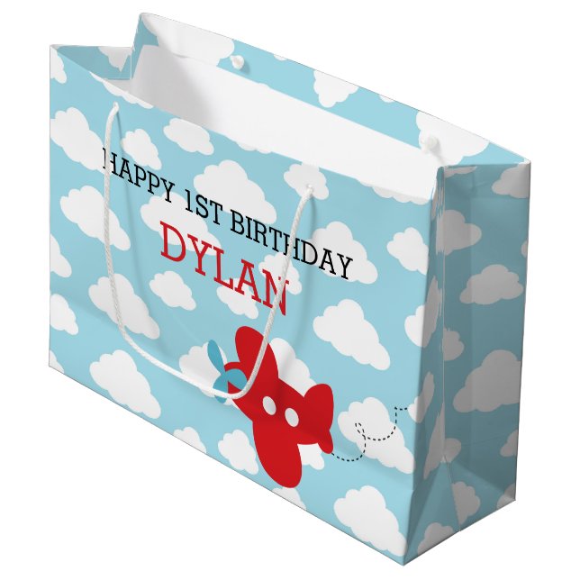 Red Aeroplane Gift Bags - Cute Plane Cloud Birthda (Front Angled)