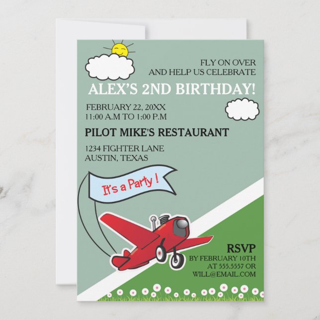 Red Aeroplane Landing Birthday Party Invitation (Front)