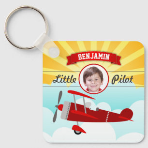 Red Aeroplane Little Pilot Name Photo Kids Room Key Ring