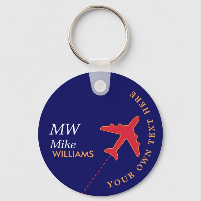 red aeroplane on blue keychain with name (Front)