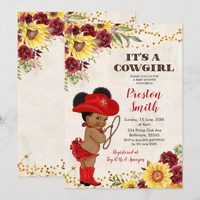 Red African Cowgirl Rose and Sunflower Baby Shower Invitation (Front/Back)