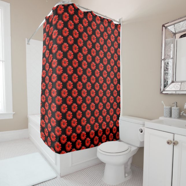 Red African Daisy Pattern on Black Shower Curtain (In Situ)