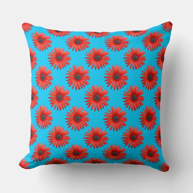 Red African Daisy Pattern on Sky Blue Cushion (Front)