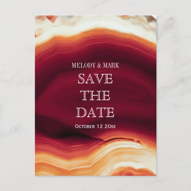 Red agate geode autumn wedding Save the Date Announcement Postcard (Front)