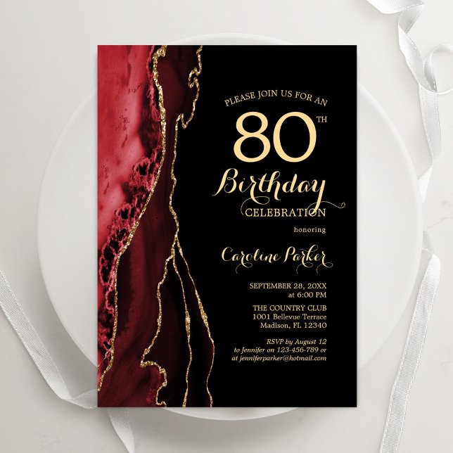 Red Agate Gold Black 80th Birthday Invitation (Creator Uploaded)