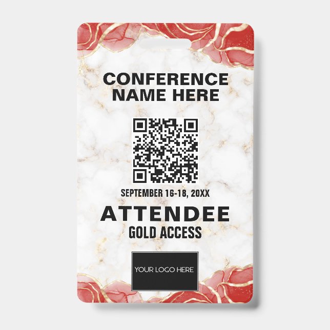 Red Agate Gold Marble QR Code Conference Event ID Badge (Front)