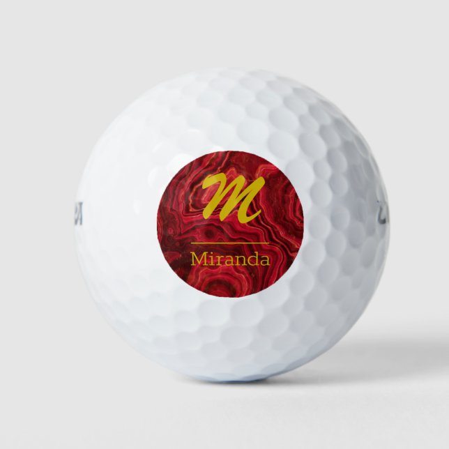 Red Agate Marble gold Monogram personalised Golf Balls (Front)