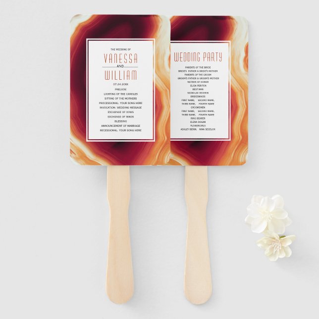 Red agate slice and frame fall wedding program hand fan (Front and Back)