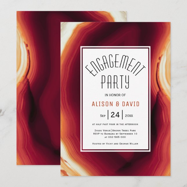 Red agate slice fall wedding engagement party invitation (Front/Back)