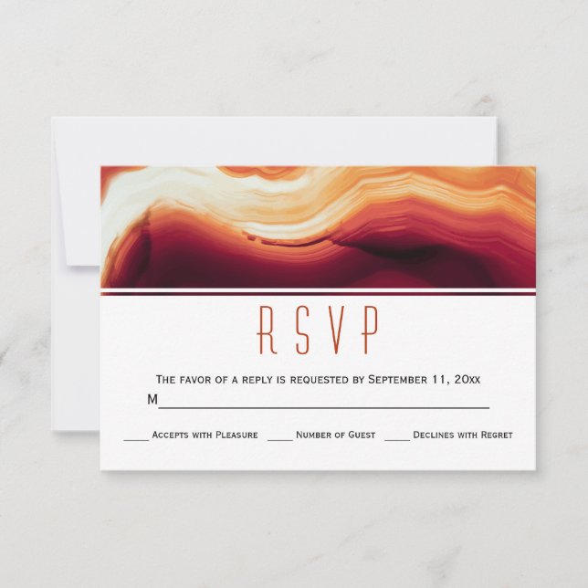 Red agate slice geode fall colours wedding RSVP (Front)