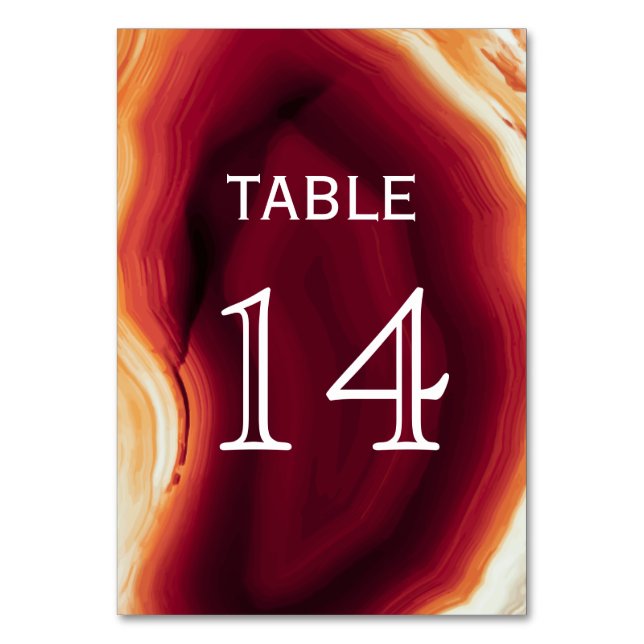 Red agate slice geode wedding table number card (Front)