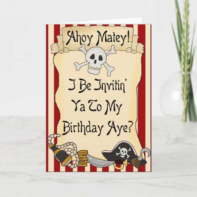 Red Ahoy Matey Pirate Birthday Invites (Front)