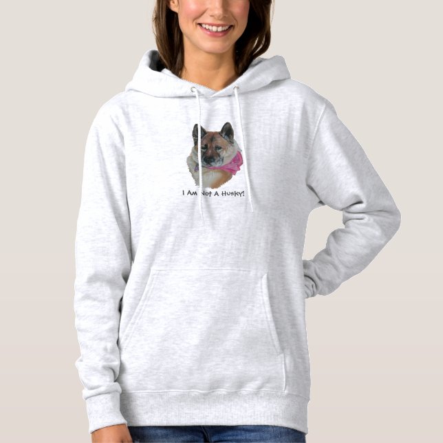 red akita wearing pink scarf with fun slogan hoodie (Front)
