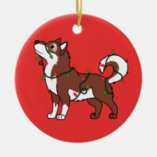 Red Alaskan Malamute with Christmas Lights Ceramic Tree Decoration
