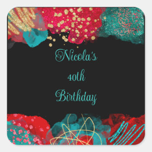 Red Alcohol Ink Birthday Party Square Sticker