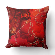 Red Alcohol Ink Gold Abstract Fluid Throw Pillow