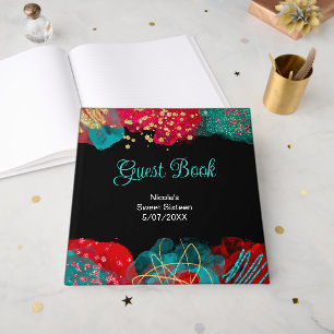 Red Alcohol Ink Sweet 16 Birthday Party  Guest Book