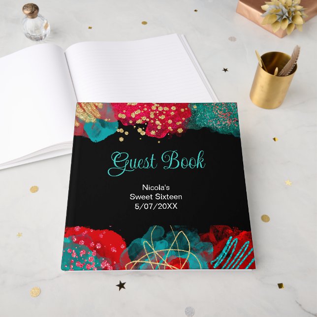 Red Alcohol Ink Sweet 16 Birthday Party  Guest Book (Front Open)