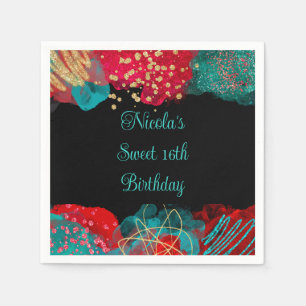 Red Alcohol Ink Sweet 16 Birthday Party Napkin