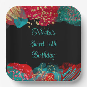 Red Alcohol Ink Sweet 16 Birthday Party  Paper Plate