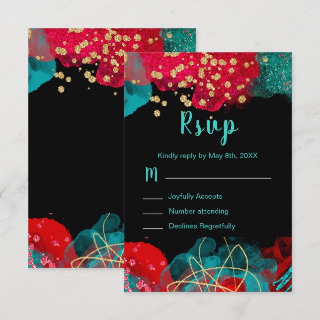 Red Alcohol Ink Sweet 16 Birthday Party RSVP Card (Front/Back)