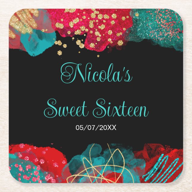 Red Alcohol Ink Sweet 16 Birthday Party  Square Paper Coaster (Front)