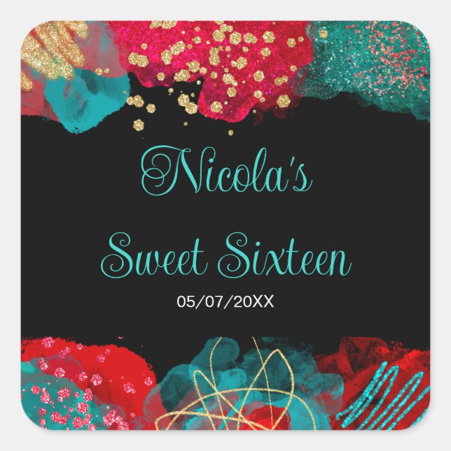 Red Alcohol Ink Sweet 16 Birthday Party  Square Sticker (Front)
