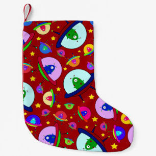 Red alien spaceship pattern small christmas stocking