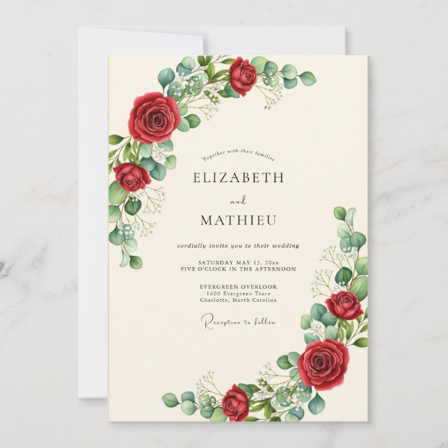 Red Alluring Botanical Wedding Invitation (Front)