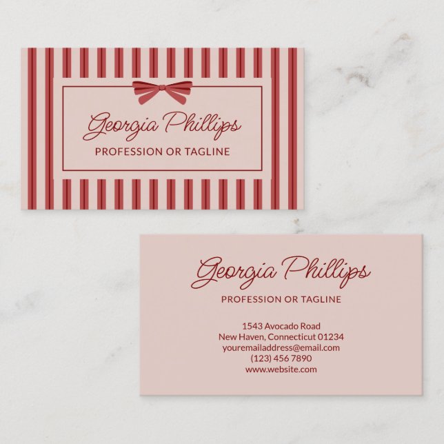 Red & Almond Stripes & Bow Retro Business Card (Front/Back)