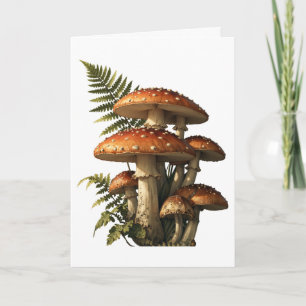 Red Amanita Mushrooms with Fern Botanical Card