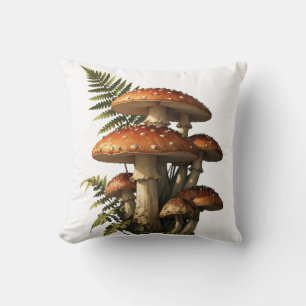 Red Amanita Mushrooms with Fern Botanical Cushion