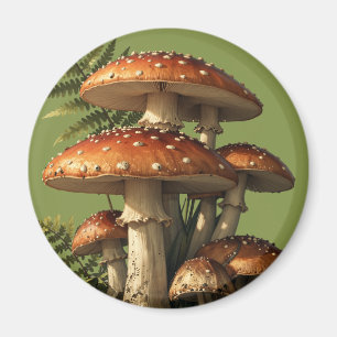 Red Amanita Mushrooms with Fern Botanical Magnet