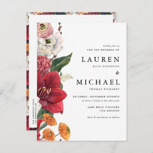 Red Amaryllis and Autumn Floral QR Code Wedding Invitation Postcard