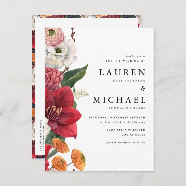 Red Amaryllis and Autumn Floral QR Code Wedding Invitation Postcard (Front/Back)