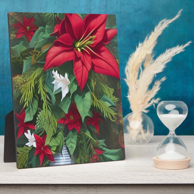 Red Amaryllis and Poinsettia with pine Bouquet  Plaque (Side)