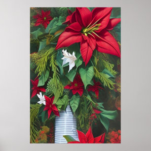 Red Amaryllis and Poinsettia with pine Bouquet Poster