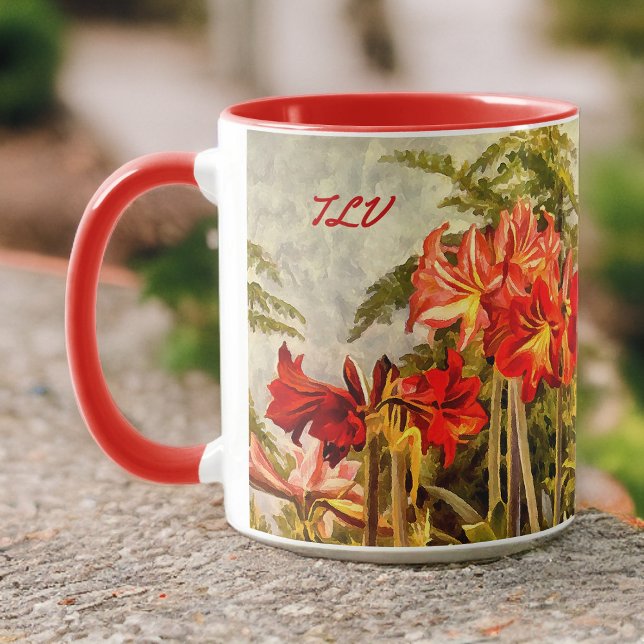 Red Amaryllis Botanical Art - Monogram Initials Mug (Creator Uploaded)