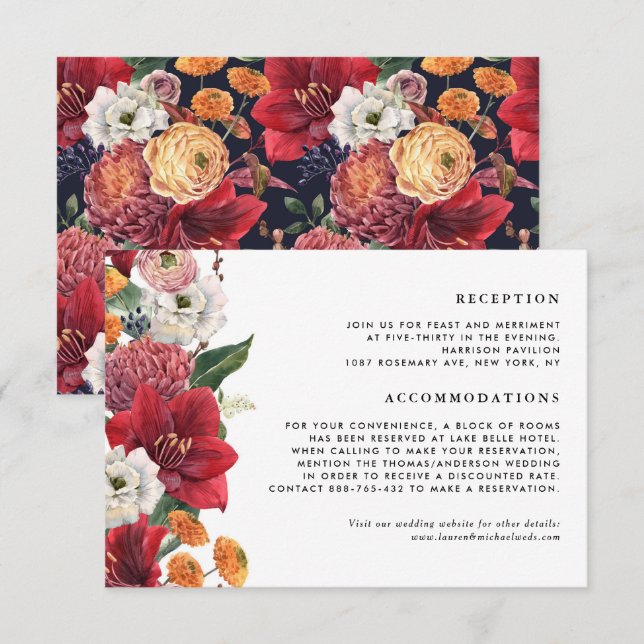 Red Amaryllis Botanical Winter Wedding Details Enclosure Card (Front/Back)