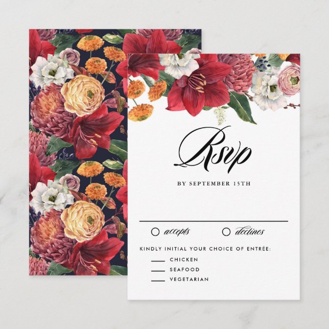 Red Amaryllis Botanical Winter Wedding RSVP Card (Front/Back)