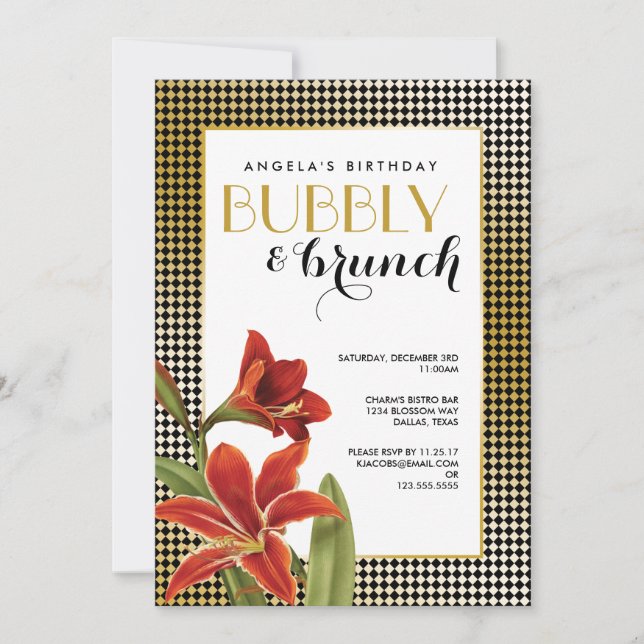 Red Amaryllis Flower Checked Gold Invitation (Front)