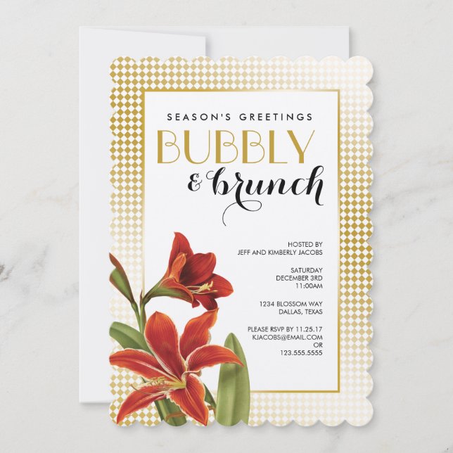 Red Amaryllis Flower Checked Gold Invitation (Front)